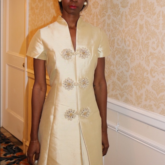 SOLD! Vintage Handmade Mandarin Collar Bejeweled Dress - Picture 2 of 9